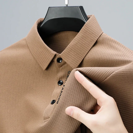 Mens Waffle Polo Shirt With Letter Print Lapel Casual Top by zapcart
