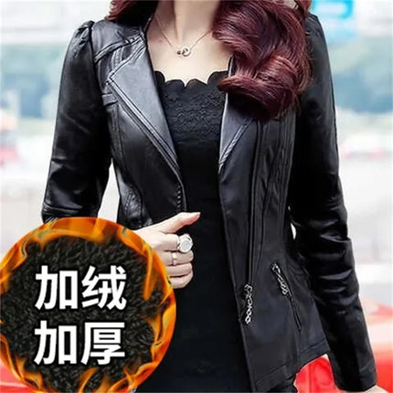 Ladies PU Leather Jacket 2024 Slim Zipper Plus Size Fashion by zapcart