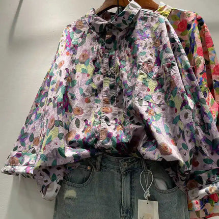 Plus Size Harajuku Rose Print Cotton Blouse For Women by zapcart