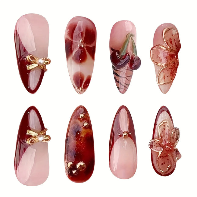 YADORNOS 24Pcs Press On Nails Almond Brown Tips Cherry Spicy by zapcart