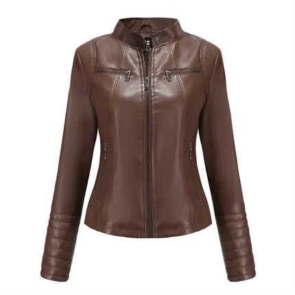 Bright Red PU Leather Jacket For Women Slim V Neck Coat by zapcart