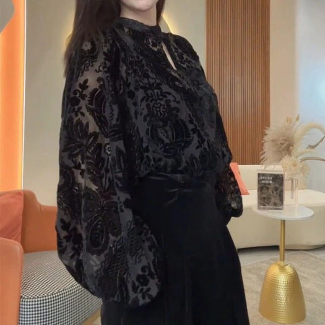 Elegant Lace Long Sleeve Shirt For Women Hollowed Mesh by zapcart
