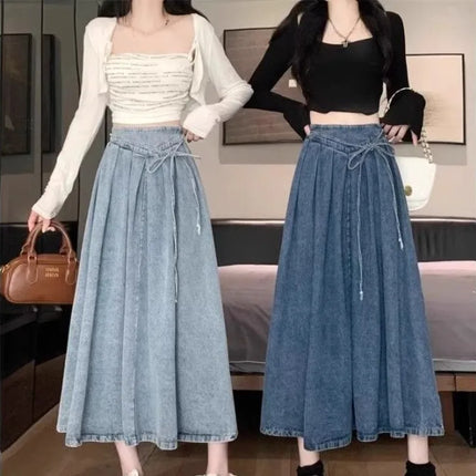 High Waisted Denim A Line Skirt Elastic Waist For Women by zapcart