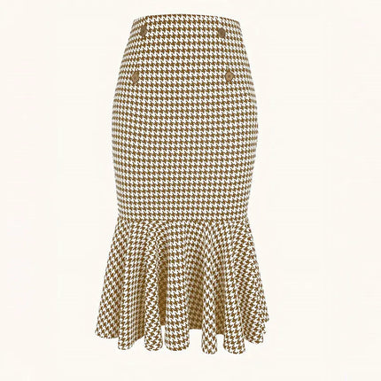Houndstooth Knee Length Skirt Women High Waist Chic Slim by zapcart