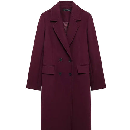 Trafza Women Wool Coat Double Breasted Burgundy Warmth by zapcart