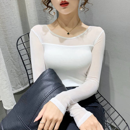Women Mesh Round Neck Top Long Sleeve Slim Fit Autumn Chic by zapcart