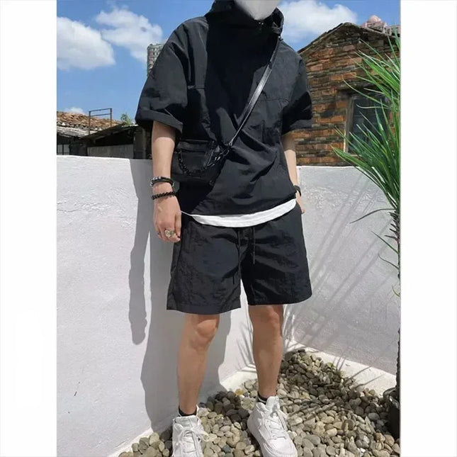 Fujian Mens Summer Cargo Set Hooded Tee Shorts High Quality by zapcart