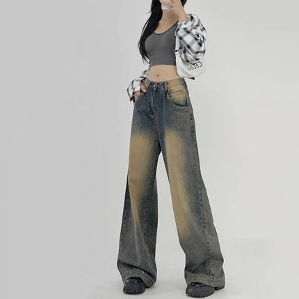 Retro Washed Wide Leg Jeans High Waist For Young Women by zapcart