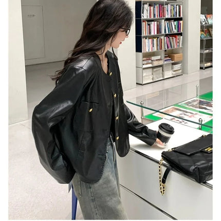 Black PU Leather Jacket For Women Short Spring Korean Chic by zapcart