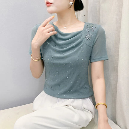 Korean Beaded Diamond Mesh T Shirt For Women Summer by zapcart