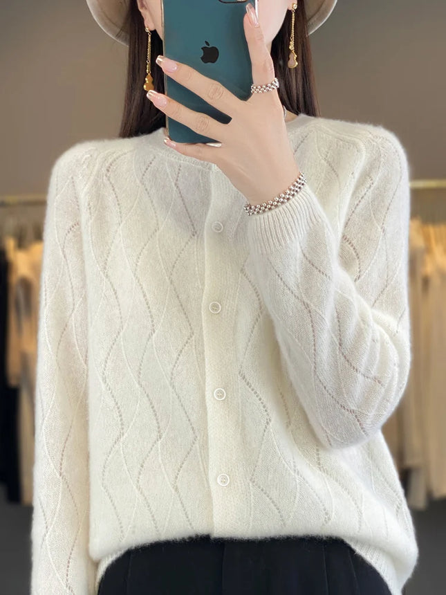 Merino Wool Cardigan Women Lightweight Layering O Neck by zapcart