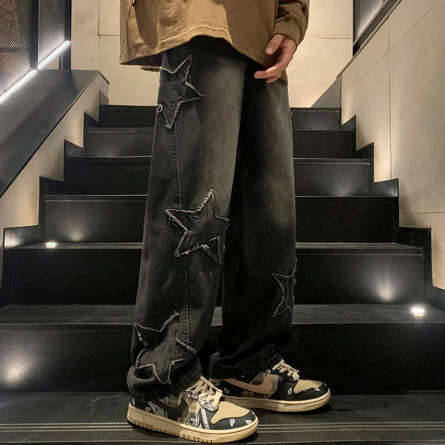 CN Guangdong Star Embroidered Men Jeans Wide Leg Streetwear by zapcart