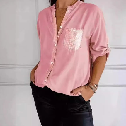 Women V-Neck Sequin Blouse Long Sleeve Chic Office Casual by zapcart