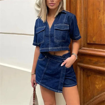 TRAF Blue Denim Shirt Cropped Short Sleeve Women Y2K Trendy by zapcart