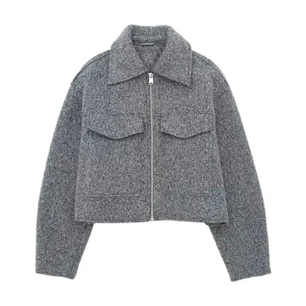 TRZA Women Cropped Jacket Patch Pockets Flaps Front Zipper by zapcart