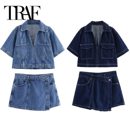 TRAF Blue Denim Shirt Cropped Short Sleeve Women Y2K Trendy by zapcart