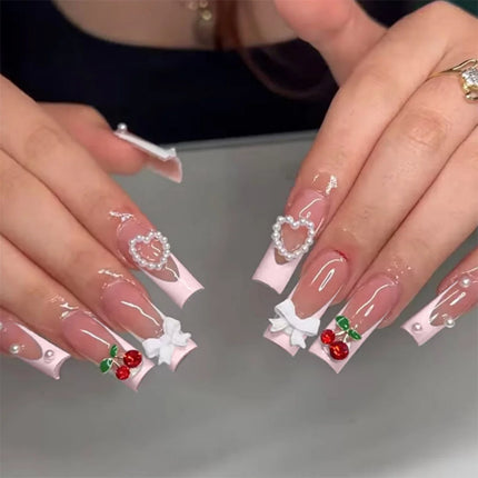 Extra Long Press On Nails Glue Included Bear Bow For Women by zapcart