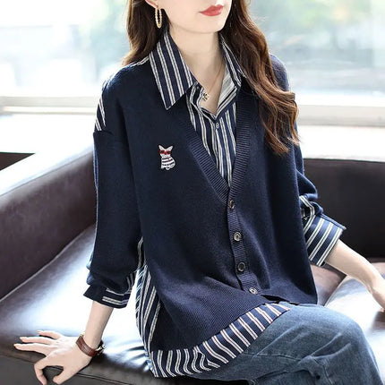 Women Striped Shirt Faux Layer Two Piece Blouse Casual Chic by zapcart