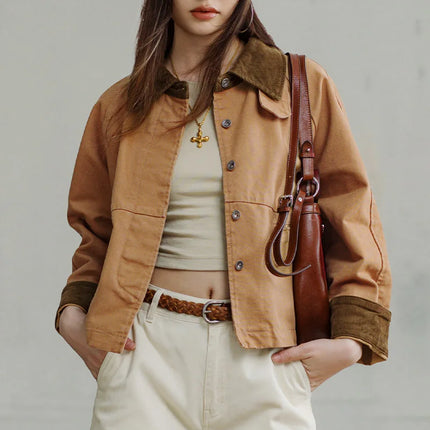 Maden Retro Khaki Corduroy Collar Jacket For Women Warmth by zapcart