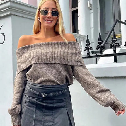 TRAFZA Women Off Shoulder Knit Sweater Long Sleeve Chic Top by zapcart