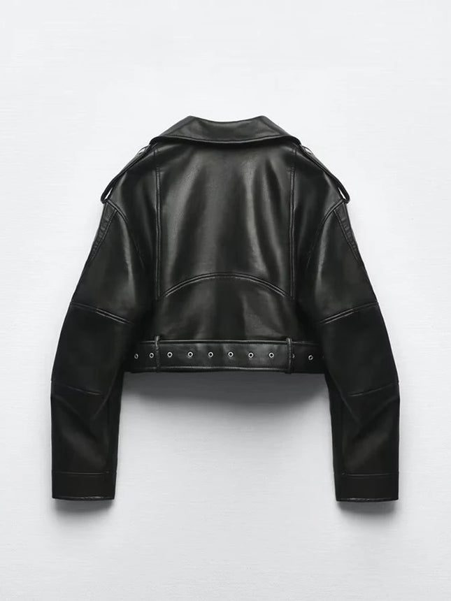 Ailegogo Women Chic Faux PU Leather Short Jacket With Belt by zapcart