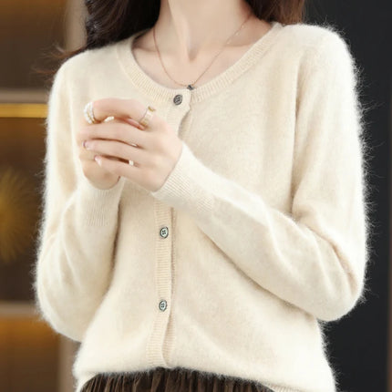 LHZSYY Women Cardigan Pure Mink Cashmere O Neck Loose by zapcart