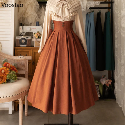 Voostao Victorian Lolita Midi Skirt Women Timeless Button by zapcart