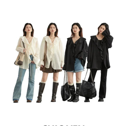 Chic Ven Women Shirt Loose Casual Blouse V Neck Lace Up by zapcart