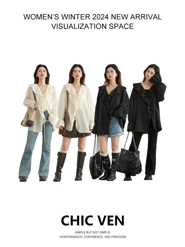 Chic Ven Women Shirt Loose Casual Blouse V Neck Lace Up by zapcart