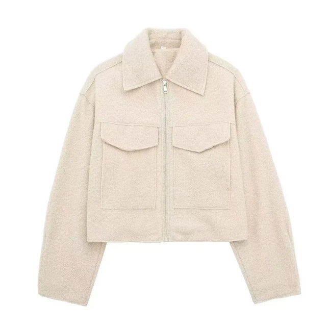 TRZA Women Cropped Jacket Patch Pockets Flaps Front Zipper by zapcart