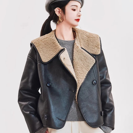 Women's Shearling Leather Jacket Double Breasted Aviator by zapcart