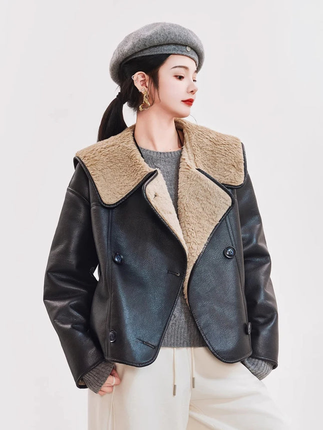 Women's Shearling Leather Jacket Double Breasted Aviator by zapcart