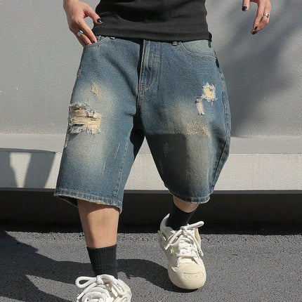 LVCCCI Denim Shorts For Men Baggy Stretch Ripped Knee by zapcart