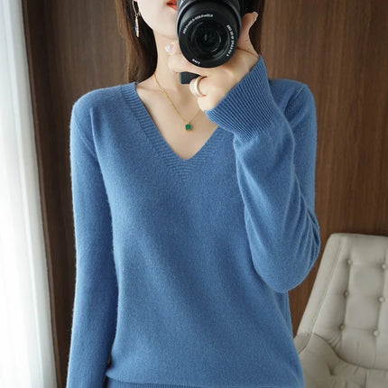 Women V Neck Knit Sweater Slim Fit Soft Knitwear Winter by zapcart