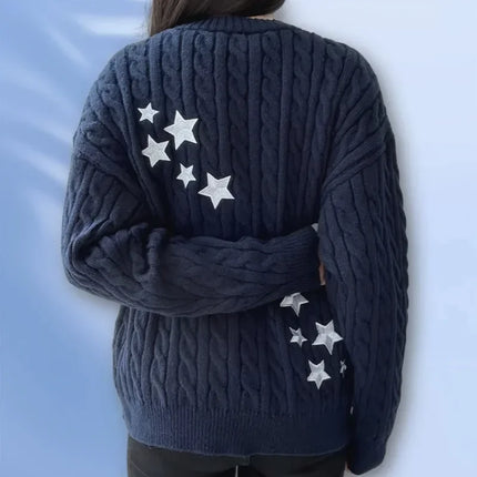 Navy Knitted Cardigans For Women With Star Embroidery Chic by zapcart