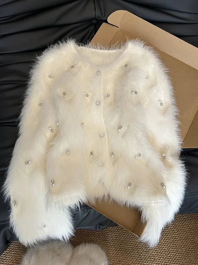 Jmprs Pearl Embellished White Cardigan For Women Warmth by zapcart