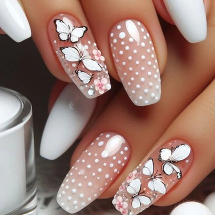 Press On Nails White Butterfly Pearls For Trendsetters 24pcs by zapcart