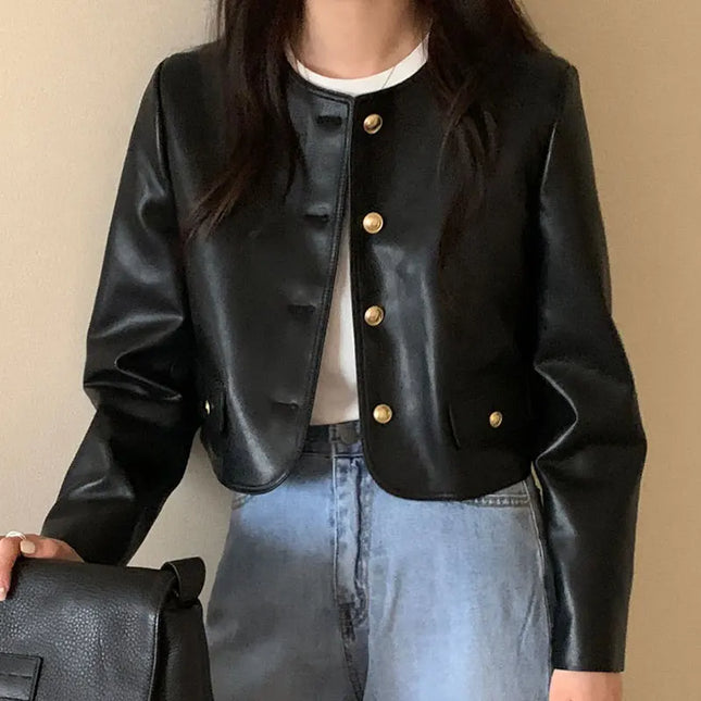 Korean Style Black Leather Jacket Women Vintage O Neck by zapcart