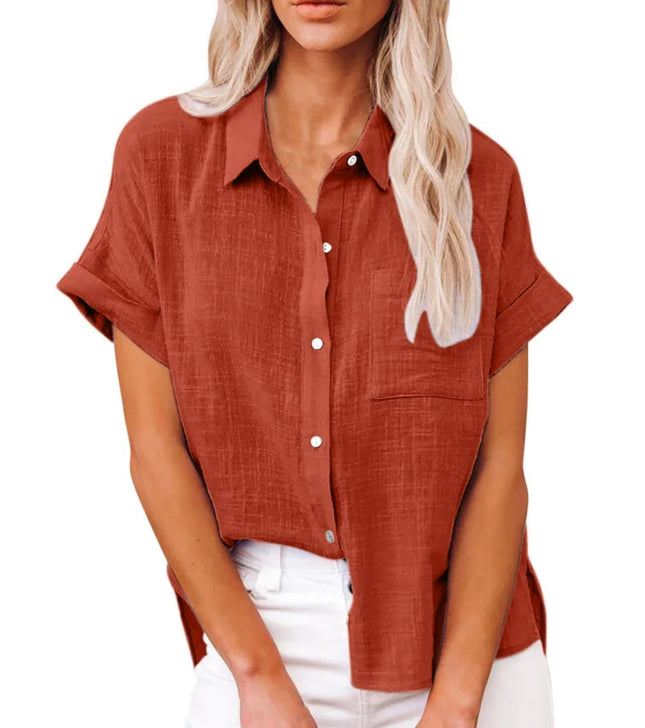 Women's Cotton Linen Blouse Loose Fit Short Sleeve Summer by zapcart
