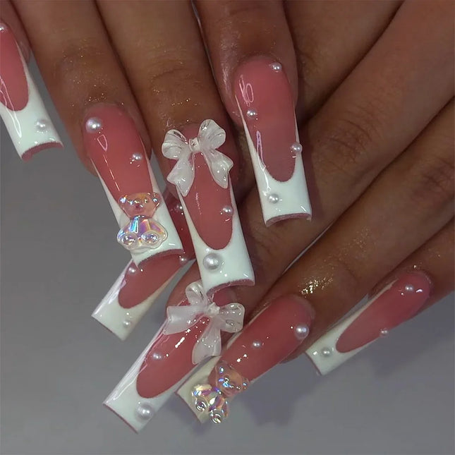Extra Long Press On Nails Glue Included Bear Bow For Women by zapcart