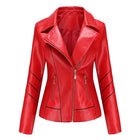 Red PU Faux Leather Jacket Women Weatherproof Biker Style by zapcart