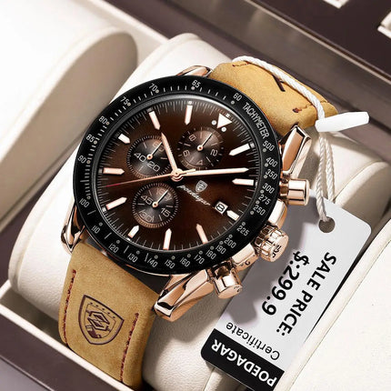 POEDAGAR Men Watch Waterproof Luminous Chronograph Leather