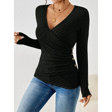 Women Button V Neck Knit Sweater Cozy Warm Fall Top by zapcart