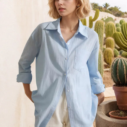 Blue Oversize Cotton Linen Shirt For Women Breathable by zapcart