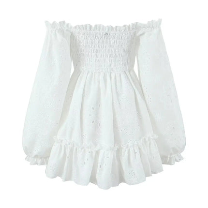 Women Embroidery Hollow Out Dress With Puff Sleeves Lace Up by zapcart