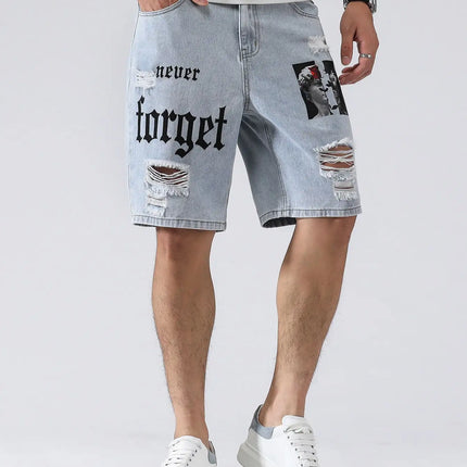 LVCCCI SCN Men Stretch Denim Shorts Baggy Cargo Ripped Knee by zapcart