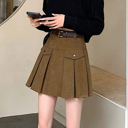 Corduroy Pleated Skirt Women High Waist Slimming Retro by zapcart