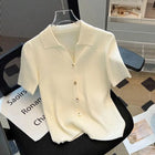 Women Polo Neck Knit Short Sleeve Tee Breathable Top by zapcart