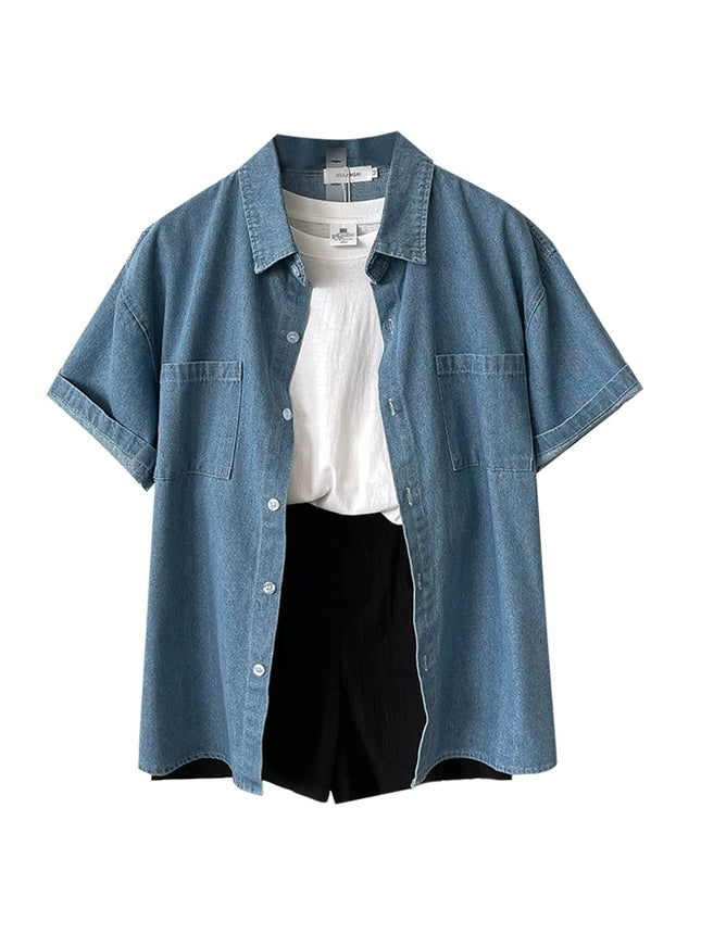 Retro Loose Denim T Shirt Women Korean Version Cotton Blend by zapcart