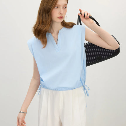FSLE Women Sleeveless VNeck Blouse With Drawstring Tie by zapcart